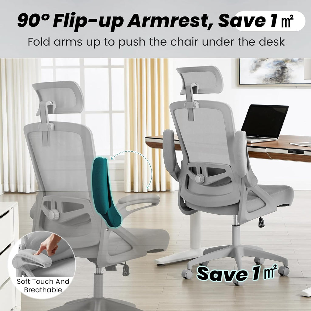 Fizzin Office Chair, Ergonomic Office Chair with Adjustable Headrest Lumbar Support Computer Chair, 400 lbs Desk Chair Comfy with Flip-up Armrests - Gaming Chairs for Adults Home Office (Gray)