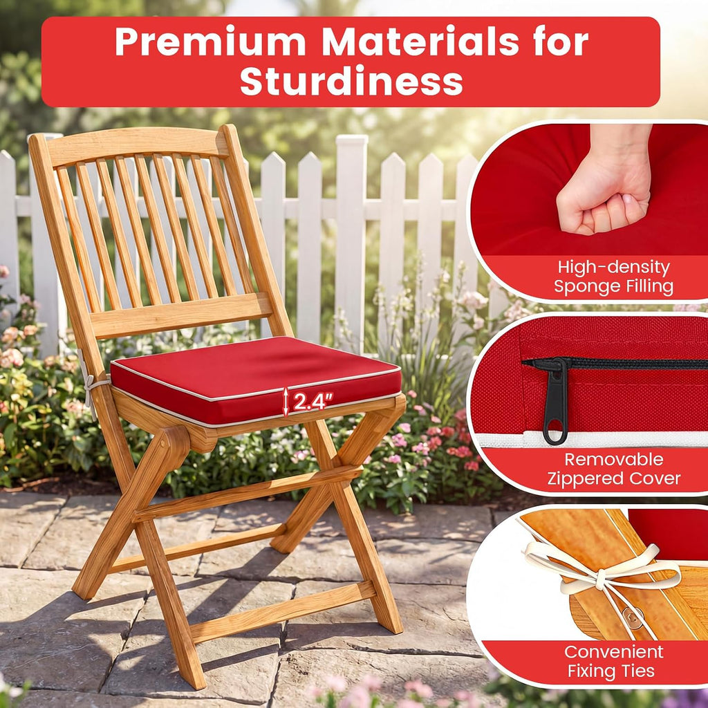 Giantex 3Pcs Patio Bistro Set, Wood Folding Table Set, 2 Cushioned Chairs for Garden Yard, Outdoor Furniture Round Table, Natural & Red