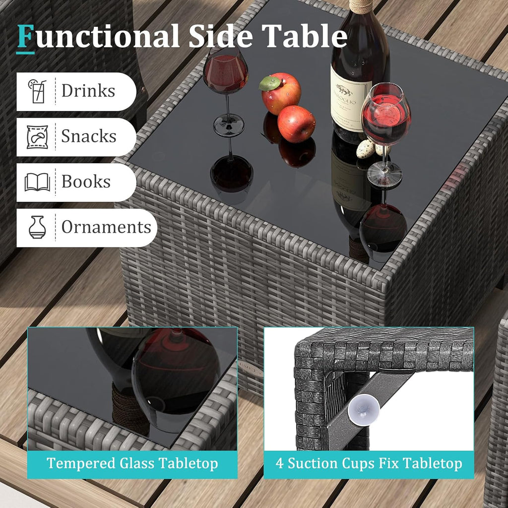 KOTEK 3 Piece Patio Furniture Set, Outdoor PE Rattan Conversation Set with Washable Cushions & Tempered Glass Tabletop, Wicker Chairs and Table Set for Porch, Garden, Balcony (Turquoise)