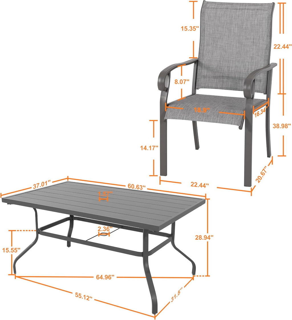 NUU GARDEN Outdoor Patio Dining Set 7 Piece Furniture Set Including 61'x37' Rectangular Outdoor Metal Patio Dining Table and 6 Gray Textilene Chairs for Garden, Patio and Poolside Backyards