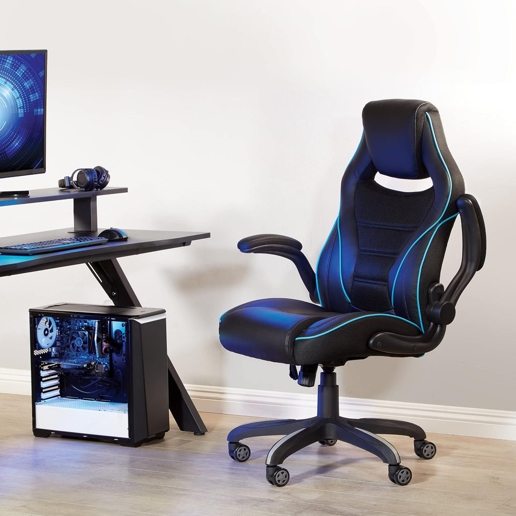 OSP Home Furnishings Xeno Ergonomic Adjustable Faux Leather Gaming Chair with Integrated Headrest and Airflow Cooling Material, Black with Blue Accents