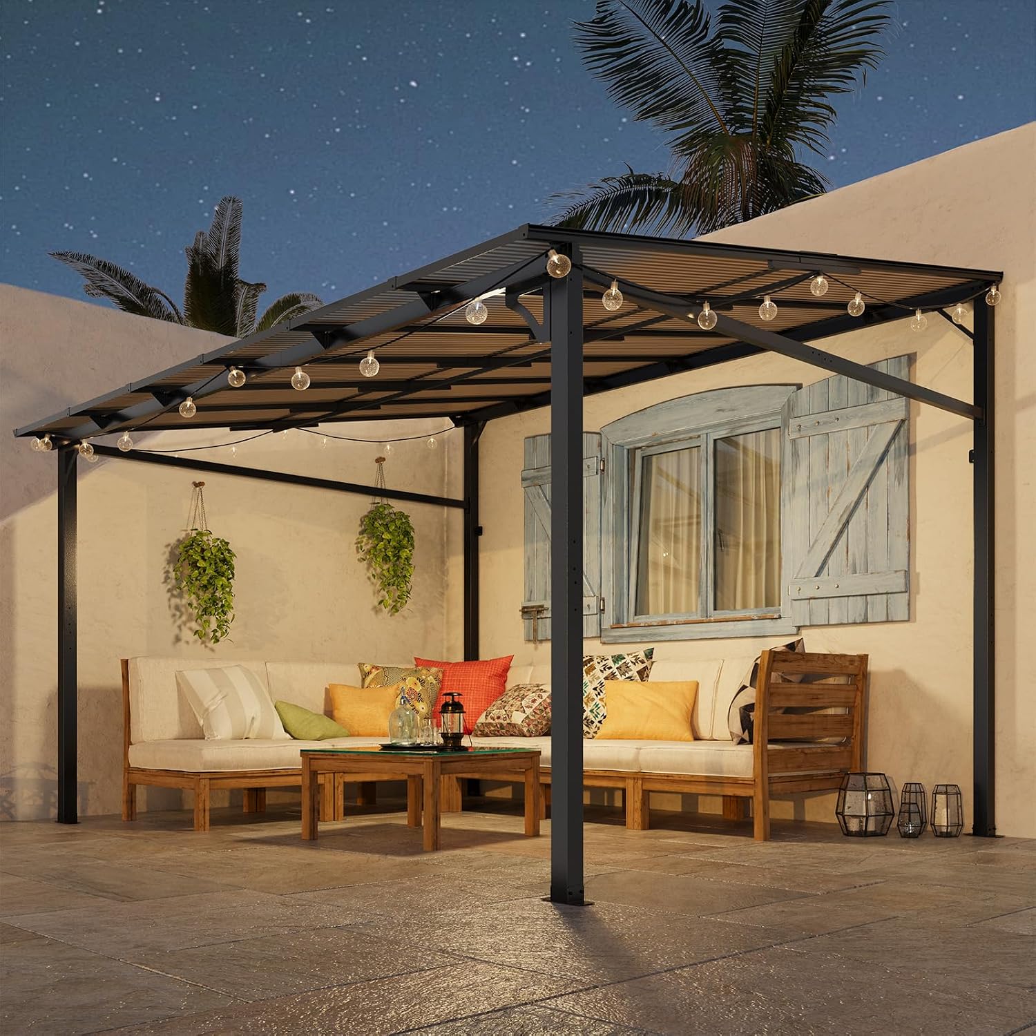 Acekool 10x12 Ft Wall Mounted Gazebo Pergola, Outdoor Lean to Gazebo Hardtop with Polycarbonate Roof, Upgraded Steel Frame Hardtop Pavilion for Patio, Garden, Lawn, Deck