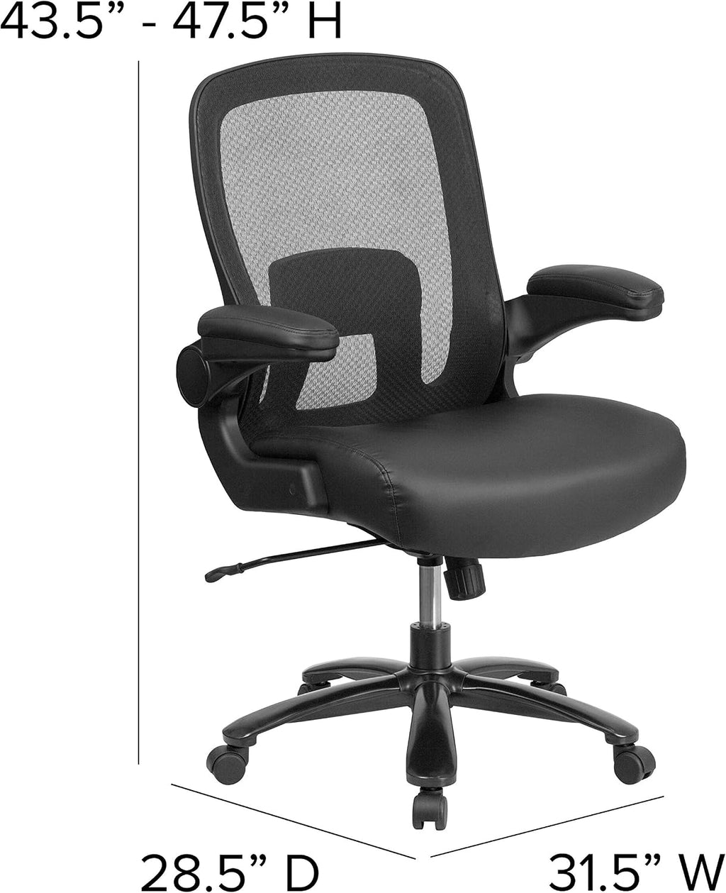 Flash Furniture Big & Tall Swivel Office and Gaming Chair with LeatherSoft Seat, Mesh Office Chair with Flip-Up Armrests and Adjustable Height, Black