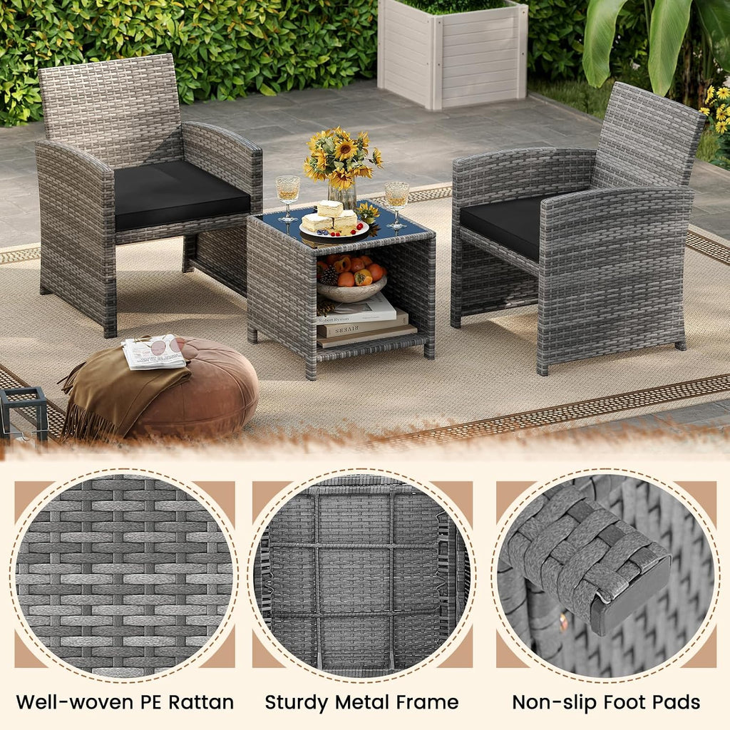 KOTEK 3 Piece Patio Furniture Set, Outdoor Wicker Patio Chairs with Cushions & Storage Table, PE Rattan Bistro Set for Porch, Backyard, Balcony (Black)
