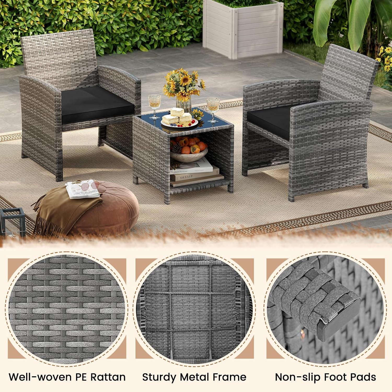 KOTEK 3 Piece Patio Furniture Set, Outdoor Wicker Patio Chairs with Cushions & Storage Table, PE Rattan Bistro Set for Porch, Backyard, Balcony (Black)