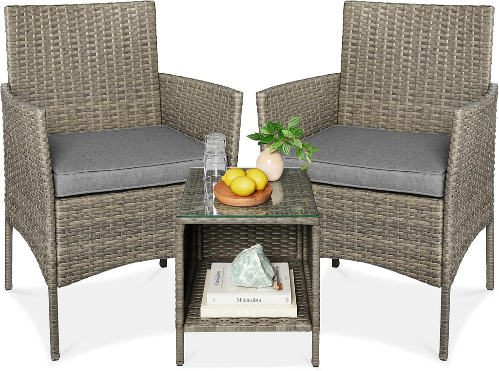 Best Choice Products 3-Piece Outdoor Wicker Conversation Bistro Set, Space Saving Patio Furniture for Garden w/Side Table - Taupe/Cement Gray