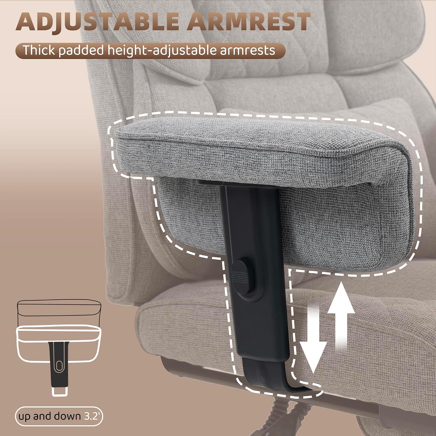 Vonesse Big and Tall Office Chair, Computer Chair with Soft Adjustable Armrests, Ergonomic Gaming Chair with Breathable Linen Design, Executive Chairs with Footrest (Linen Fabric, Gray)