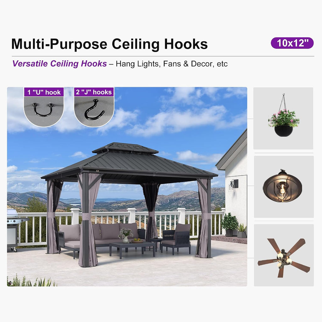 PURPLE LEAF 10' X 12' Gazebo Outdoor Aluminum Gazebo with Heavy Duty Galvanized Steel Double Roof for Patio Backyard Deck, Netting and Curtains Included, Grey