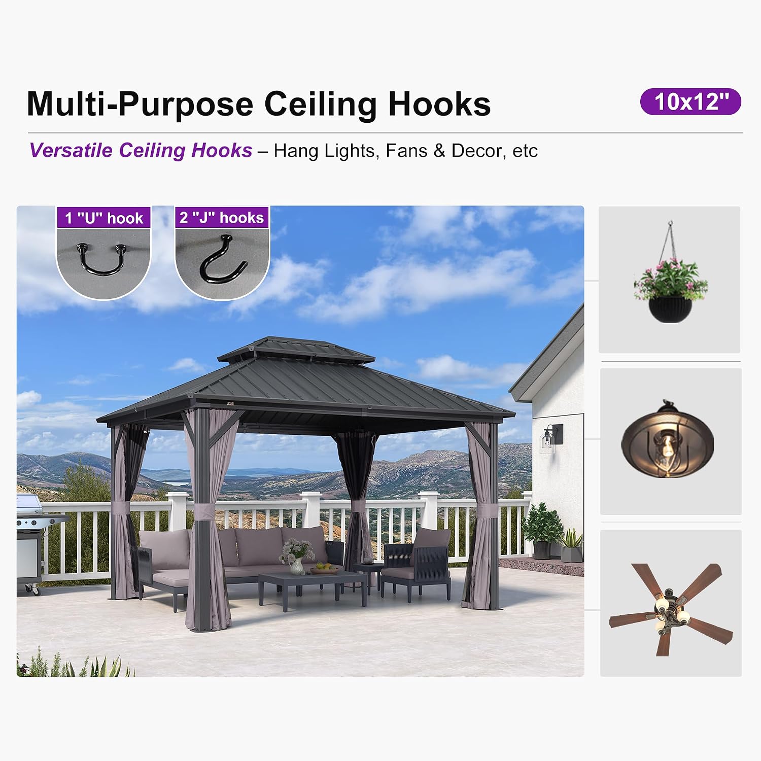 PURPLE LEAF 10' X 12' Gazebo Outdoor Aluminum Gazebo with Heavy Duty Galvanized Steel Double Roof for Patio Backyard Deck, Netting and Curtains Included, Grey