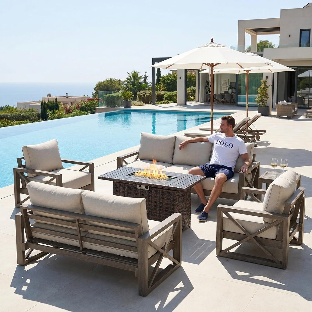 UDPATIO Aluminum Patio Furniture Set, Faux Wood Grain Modern Outdoor Furniture, 6' Cushions Metal Patio Conversation Sofa with Fire Table for Poolside Deck, 6 PCS, Beige(Include 600D Covers)