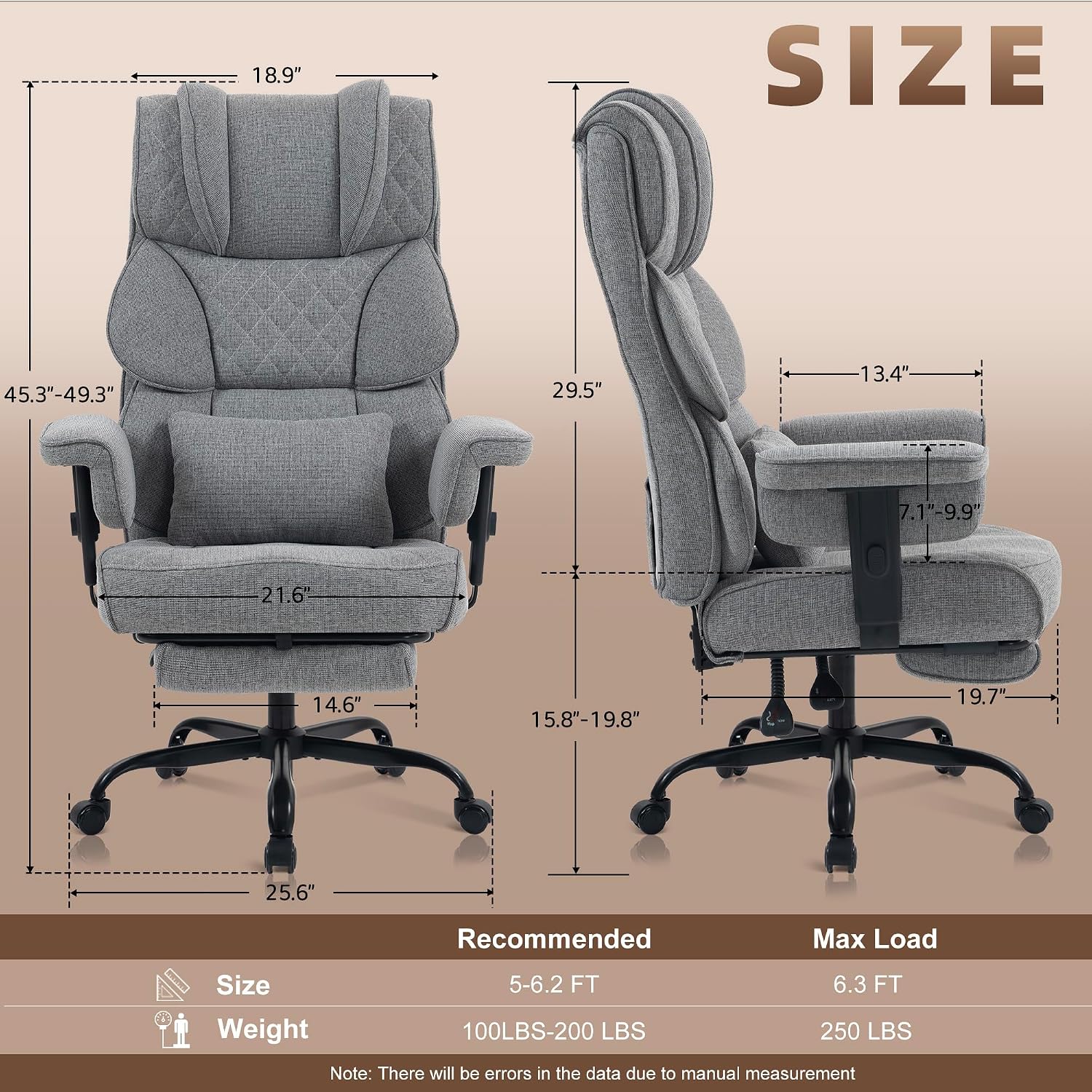 Vonesse Big and Tall Office Chair, Computer Chair with Soft Adjustable Armrests, Ergonomic Gaming Chair with Breathable Linen Design, Executive Chairs with Footrest (Linen Fabric, Gray)