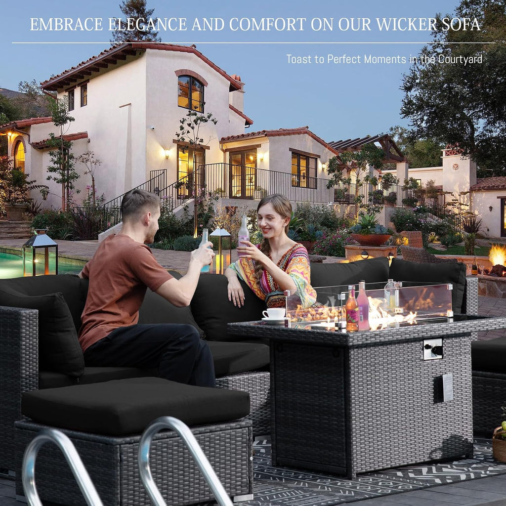 BULEXYARD 9 Piece High Back Outdoor Sectional Seating with Fire Pit Table, Heavy Duty Sturdy Wicker Patio Set Conversation Couch Sofa, Extra Wide Deep Large 8-Person Deck Furniture Set, Grey & Black