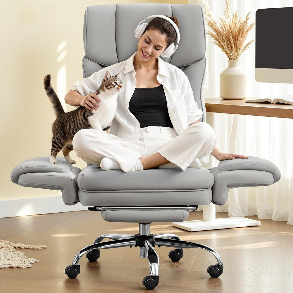 FelixKing Big and Tall Office Chair, 400LBS Wide Leather Executive Chair, Reversible Armrest for Pets Criss Cross Legged, 135° Reclining High Back Gaming Desk Chair with Lumbar Support Footrest, Gray