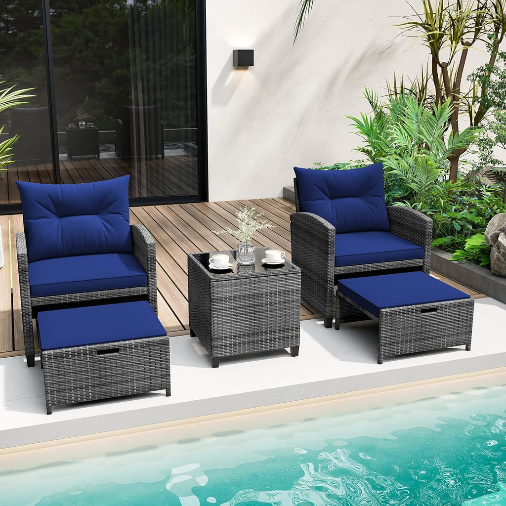 KOTEK 5 Pieces Patio Furniture Set with Ottomans, Wicker Patio Conversation Set with Coffee Table & Cushions, PE Rattan Outdoor Lounge Chairs for Backyard, Porch, Poolside (Mix Grey- Navy)