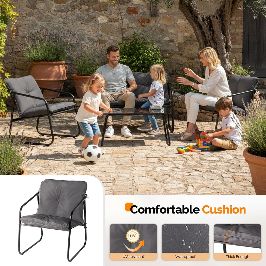 VINGLI 4 Piece Patio Conversation Set, Outdoor Furniture Set with Glass Coffee Table & Comfortable Cushion, All-Weather Cushioned Seating for Garden, Backyard, Porch, Grey