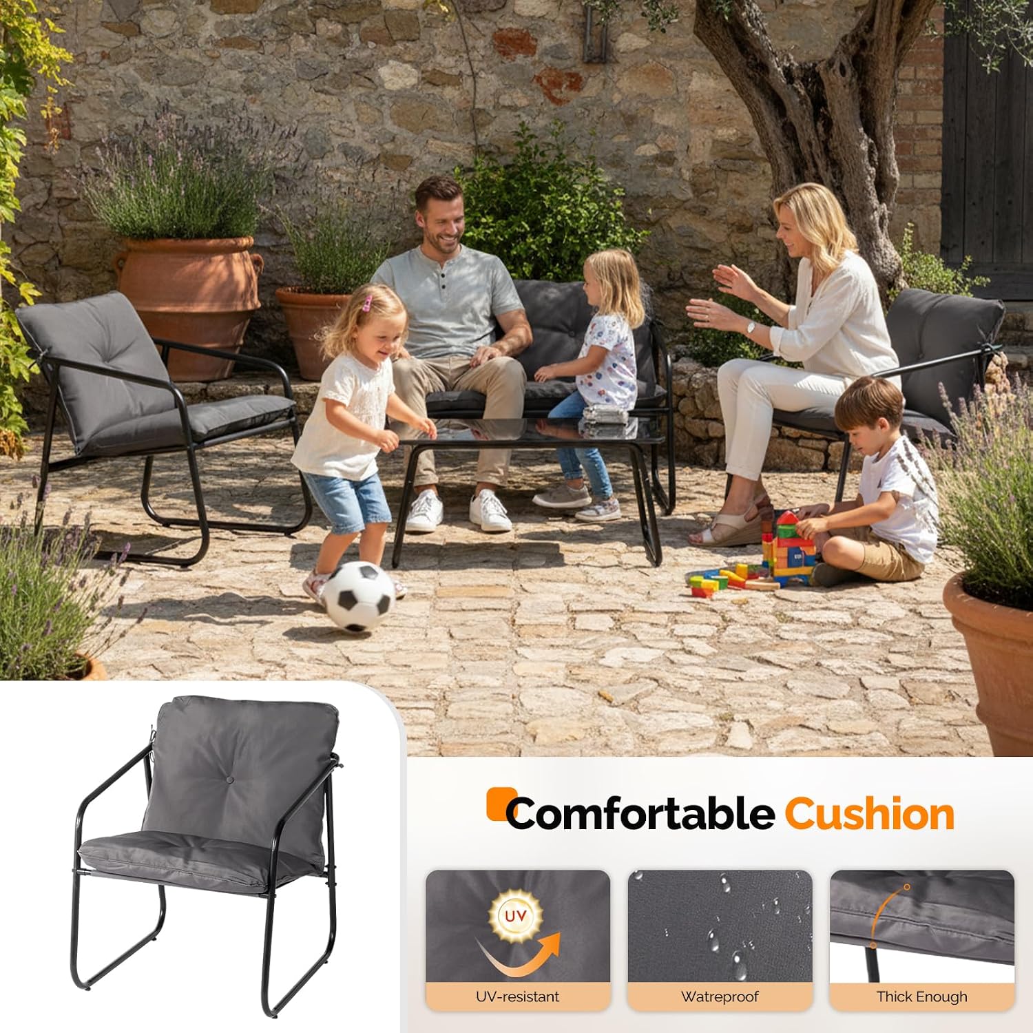 VINGLI 4 Piece Patio Conversation Set, Outdoor Furniture Set with Glass Coffee Table & Comfortable Cushion, All-Weather Cushioned Seating for Garden, Backyard, Porch, Grey