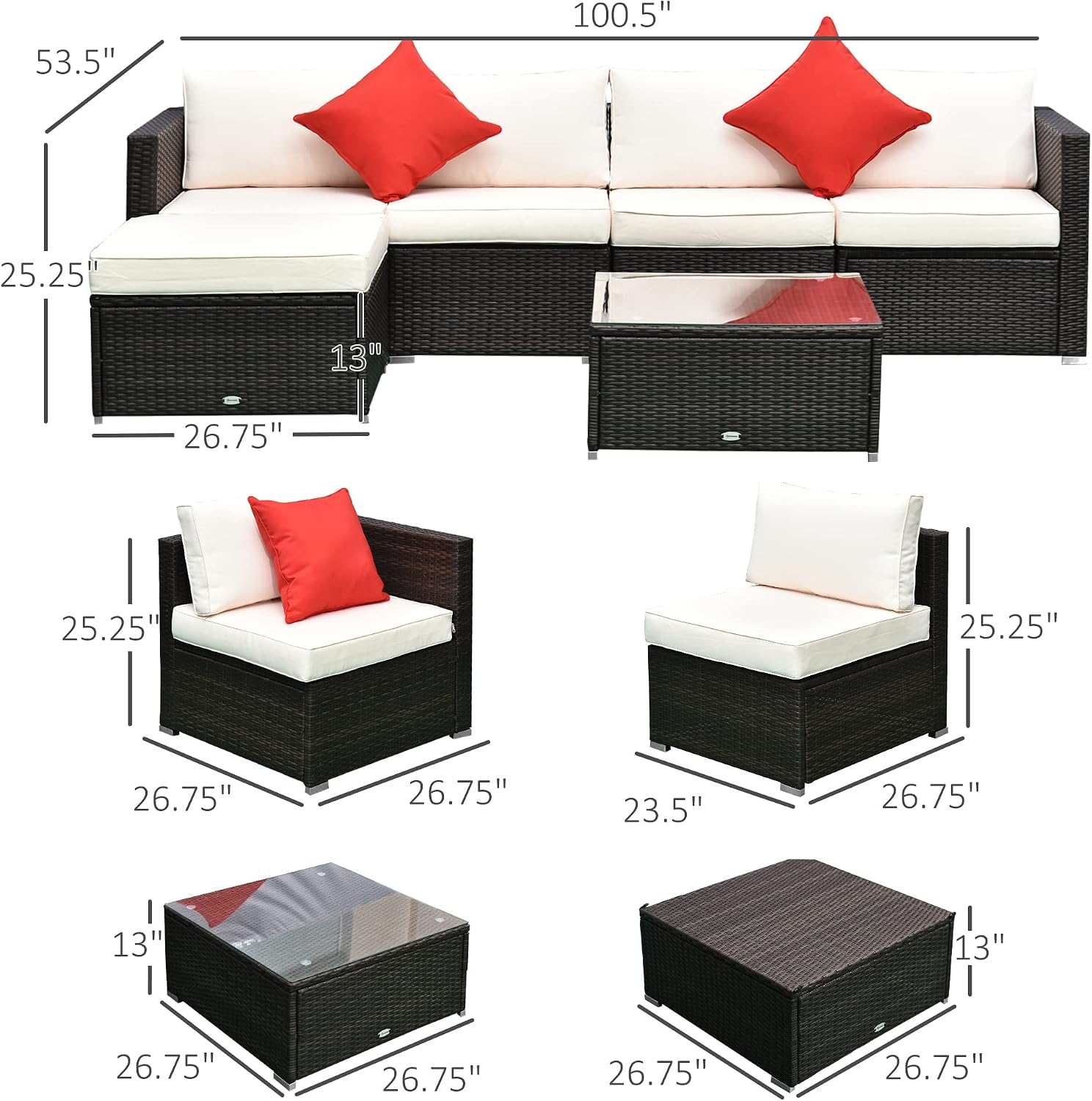 Outsunny 6 Piece Patio Furniture Set Outdoor Wicker Conversation Set All Weather PE Rattan Sectional Sofa Set with Ottoman, Cushions and Tempered Glass Table, Mixed Brown and Cream White