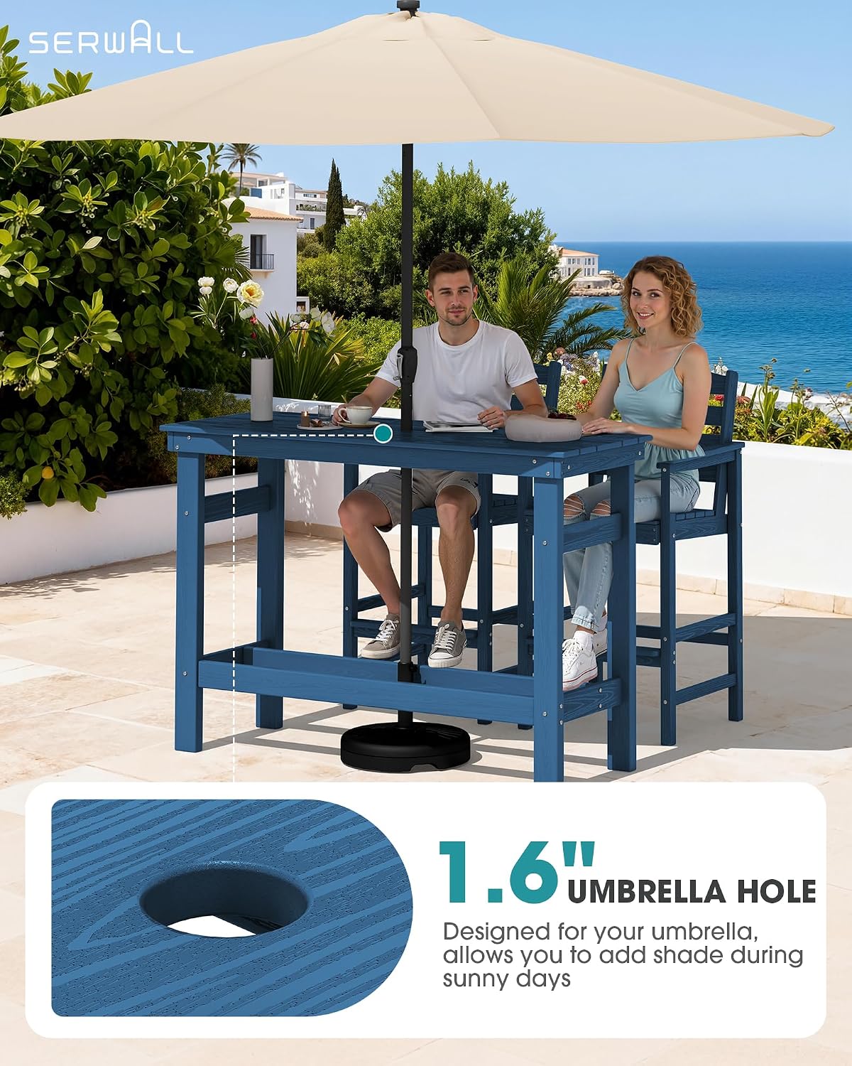 SERWALL Outdoor Bar Table and Chairs Set, Adirondack Bar Chairs Set of 2 and Bar Height Table, All Weather HDPE Patio Bar Set, Outdoor Furniture for Outside, Blue