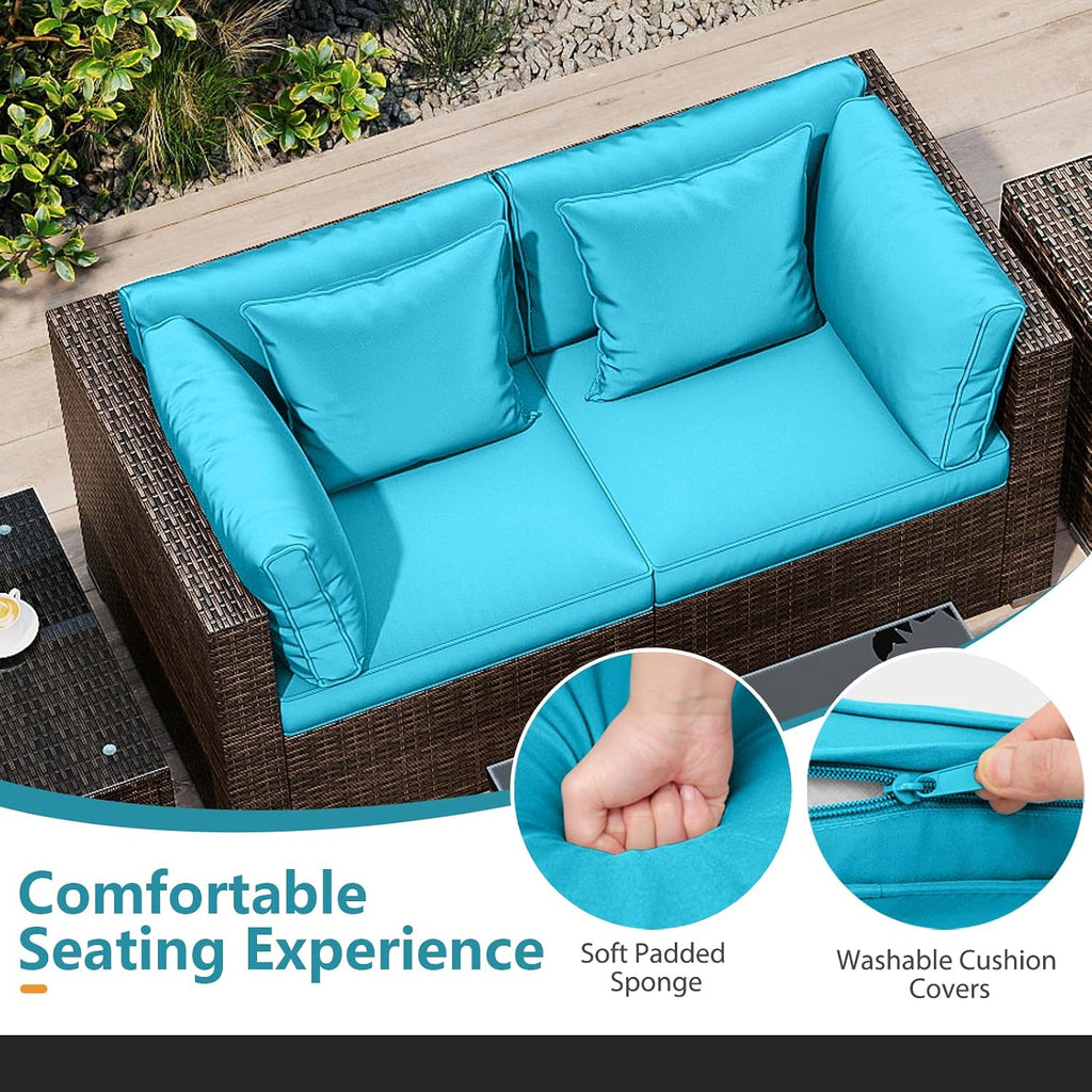 Tangkula 7 Pieces Wicker Patio Furniture Set with 40,000 BTU Gas Fire Pit Table & Propane Tank Cover Table & Glass Top Coffee Table, for Garden, Backyard and Poolside (Turquoise)