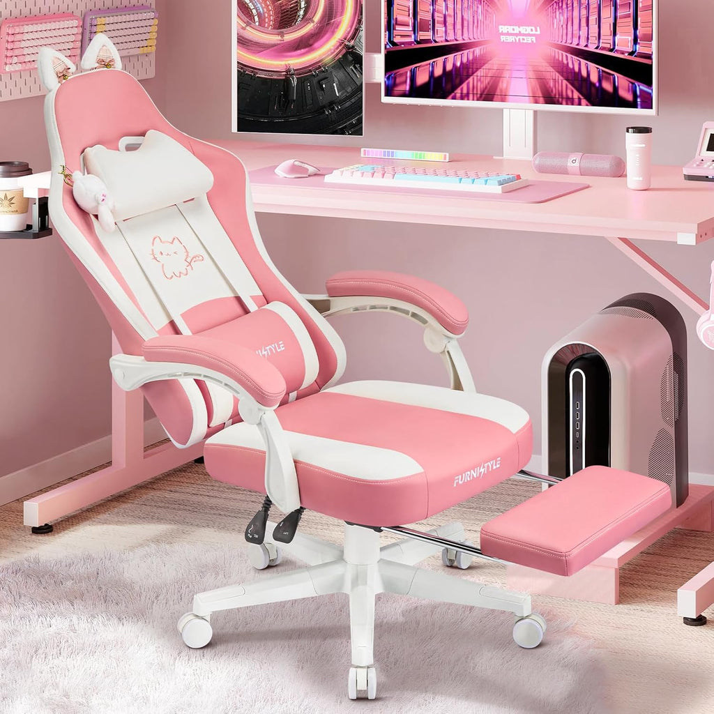 Gaming Chair, Pink Video Game Chairs for Adults with Cat Ears Pocket Spring Cushion Massage Lumbar Support & Headrest, Ringing Accessories Cute Leather Ergonomic Computer Chair for Girls, Pink/White