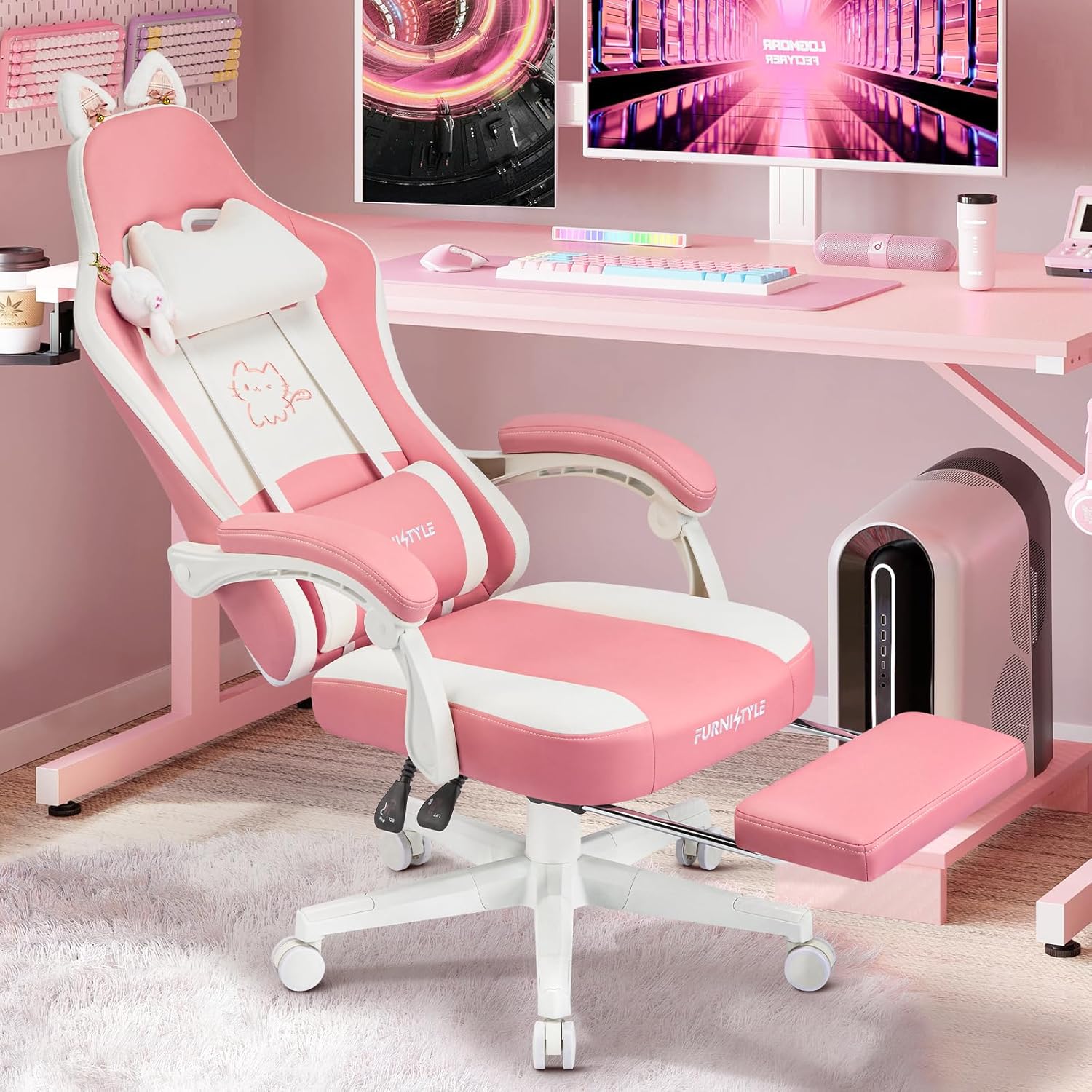 Gaming Chair, Pink Video Game Chairs for Adults with Cat Ears Pocket Spring Cushion Massage Lumbar Support & Headrest, Ringing Accessories Cute Leather Ergonomic Computer Chair for Girls, Pink/White