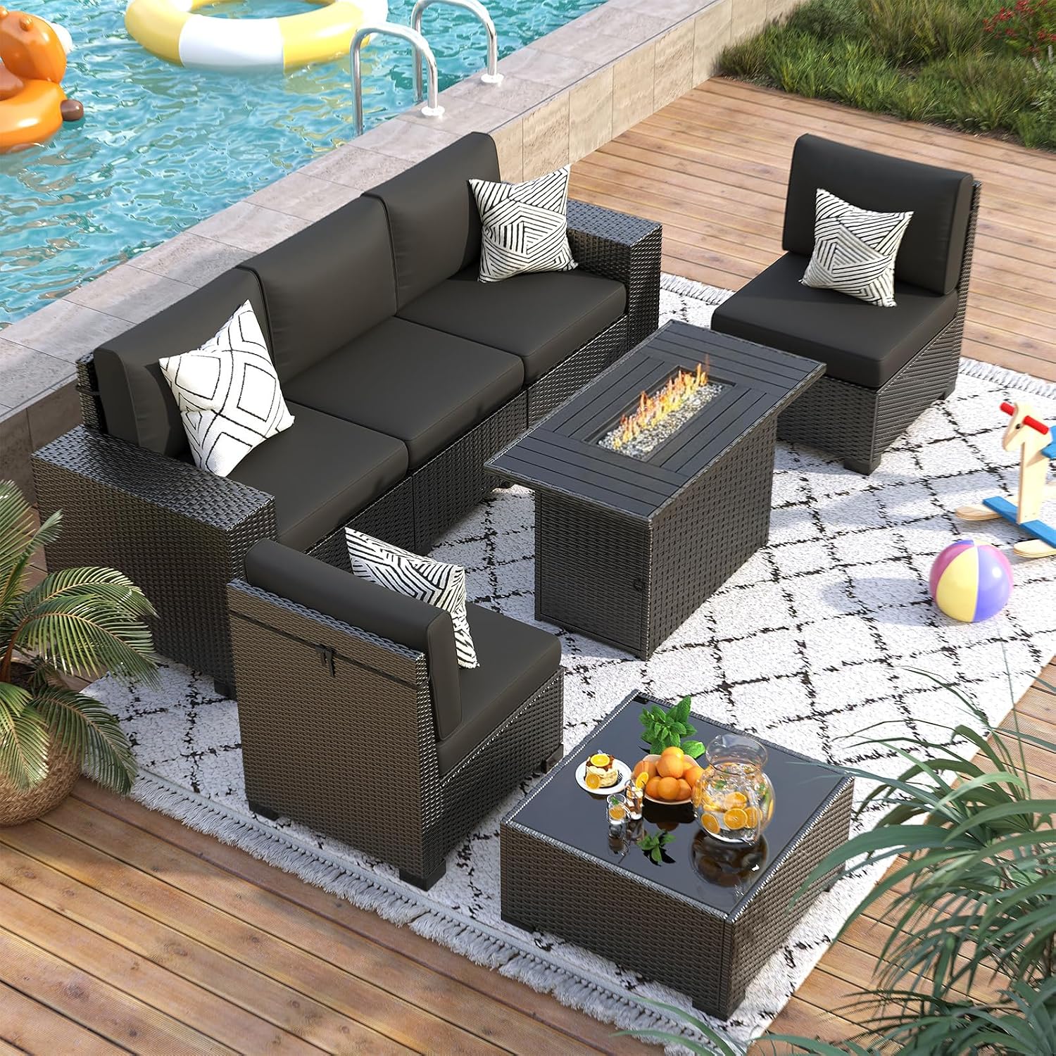 7 Piece Patio Furniture Set with Fire Pit Table, Outdoor Sectional Conversation Sets Black Wicker Rattan Sofa with Coffee Table for Patio Garden Backyard, 4'' Thickened Cushion Black