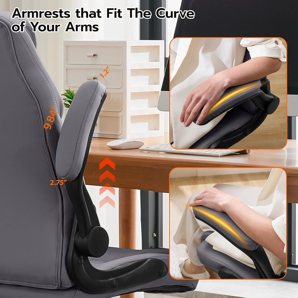 Ylzyxal Office Desk Chair, Ergonomic Computer Chair with Padded Flip-Up Arms and Adjustable Lumbar Support, PU Leather Executive Chair with Tilt Lock and 360° Swivel Rolling Wheels for Work, Study