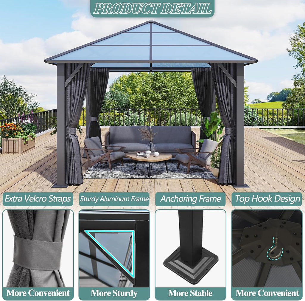 10'x10' Hardtop Gazebo, Outdoor Polycarbonate Roof Gazebo, Heavy Duty Metal Permanent Pavilion with Curtains & Netting for Backyard, Patio, Deck (Polycarbonate Top)