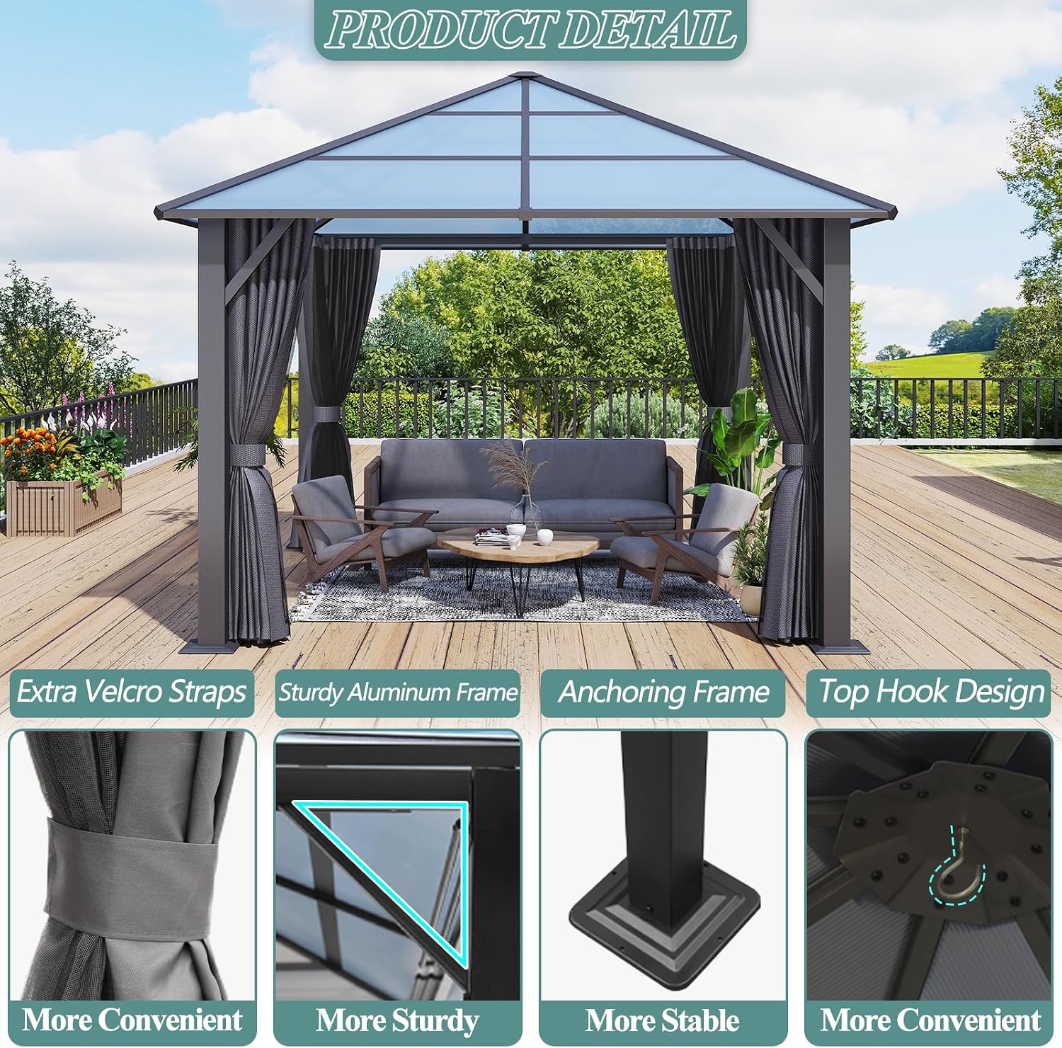 10'x10' Hardtop Gazebo, Outdoor Polycarbonate Roof Gazebo, Heavy Duty Metal Permanent Pavilion with Curtains & Netting for Backyard, Patio, Deck (Polycarbonate Top)