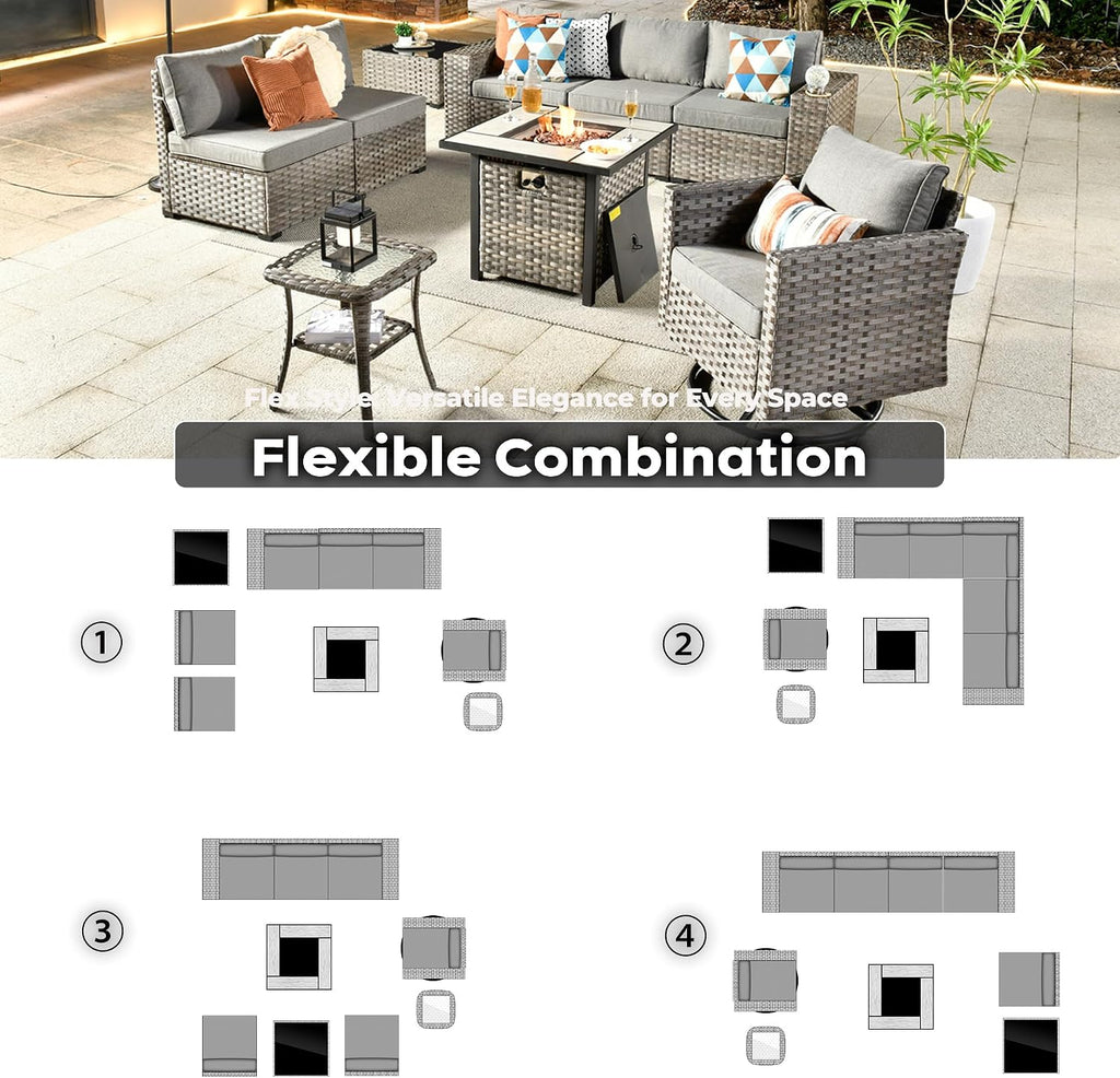 ovios 9 Pieces Patio Furniture Set, Outdoor Wicker Sectional Sofa with 30' Fire Pit Table Swivel Chair, Modern Modular Deep Seat Rattan Couch Conversation Sets, Dark Grey