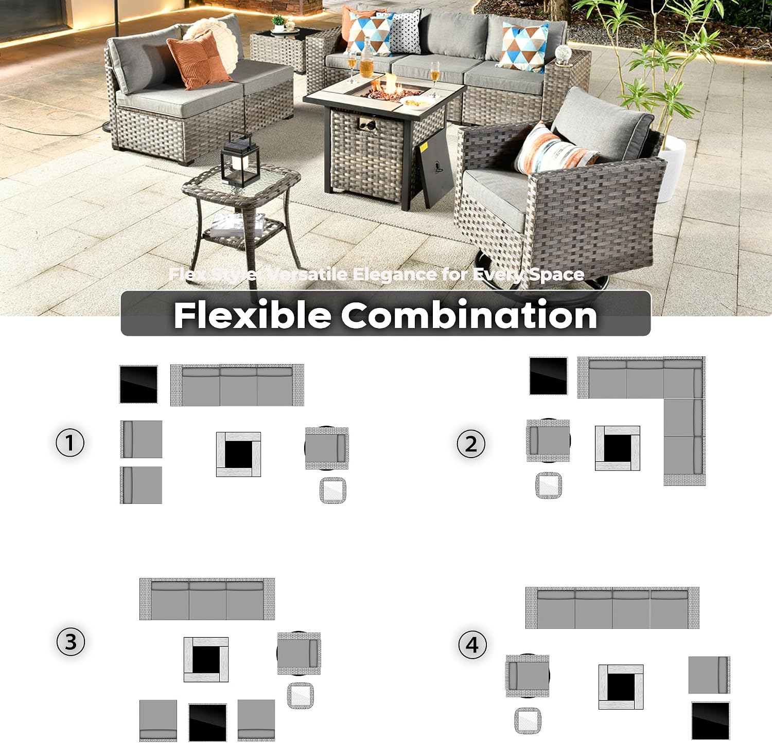 ovios 9 Pieces Patio Furniture Set, Outdoor Wicker Sectional Sofa with 30' Fire Pit Table Swivel Chair, Modern Modular Deep Seat Rattan Couch Conversation Sets, Dark Grey