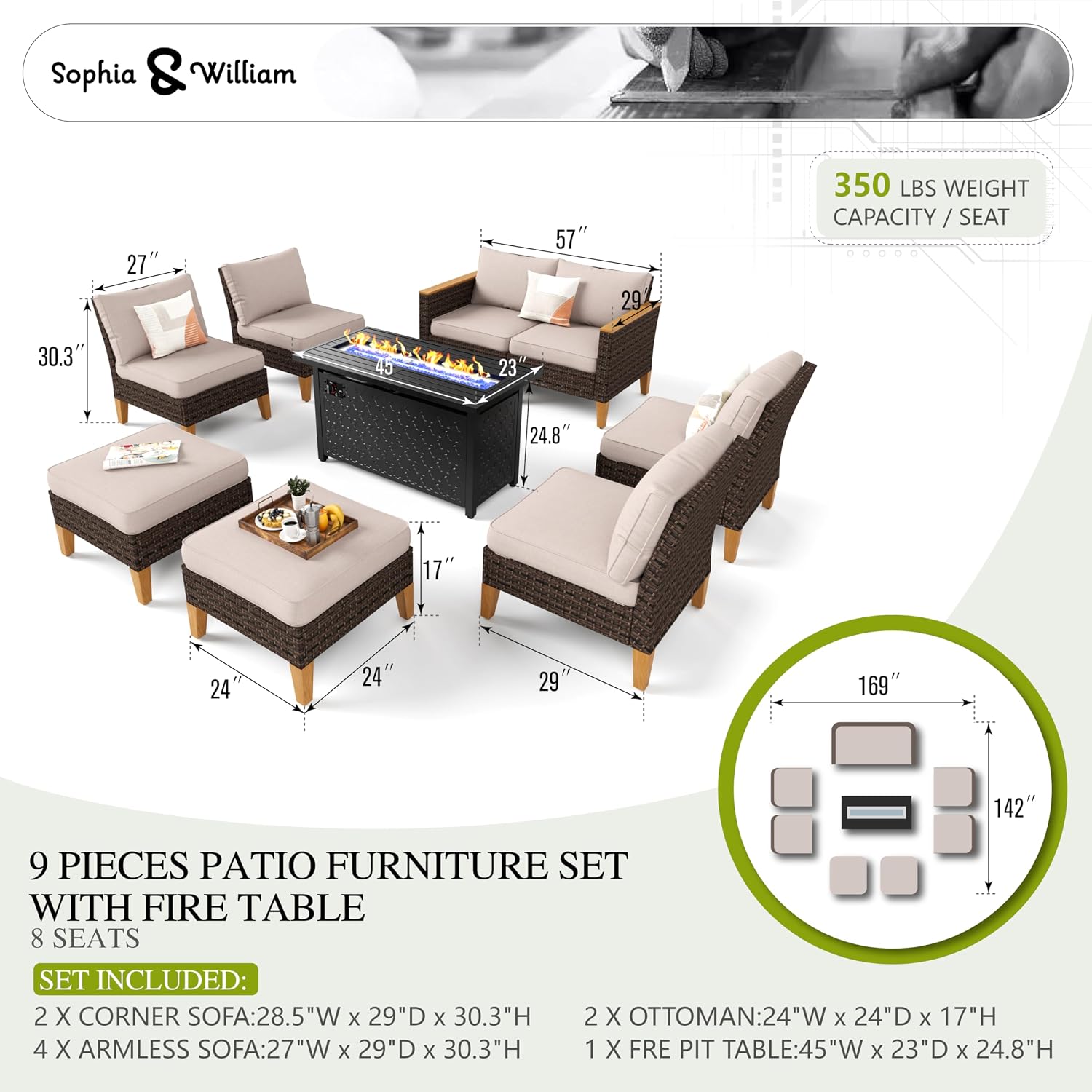 Sophia & William Large Outdoor Patio Furniture Set with Fire Pit Table High Back 9PCS Wicker Patio Sectional Sofa Conversation Set with 56' Fire Table, Ottoman & 4' Thick Cushions,Beige