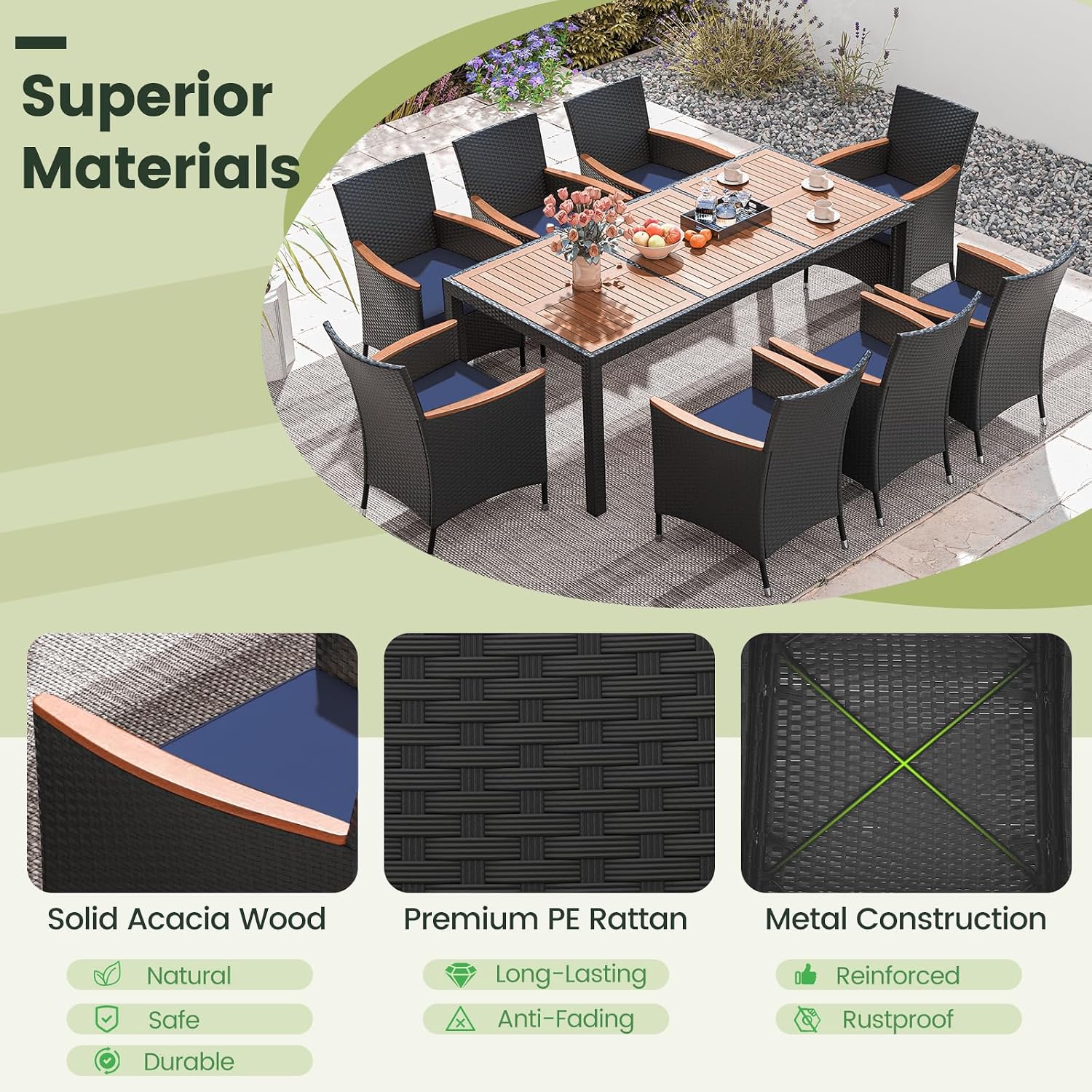 COSTWAY 9-Piece Patio Dining Set for 8, Outdoor Rattan Wicker Table and Chairs Furniture Set with Umbrella Hole, Acacia Wood Tabletop for Backyard, Balcony, Poolside, Black & Navy