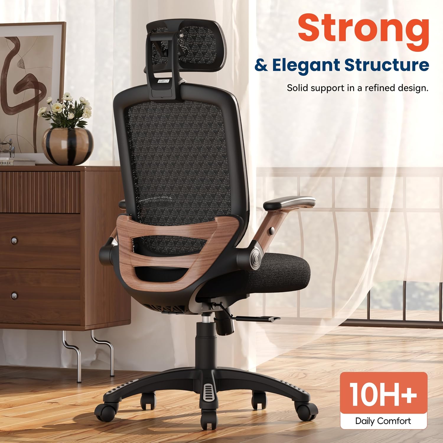 GABRYLLY Ergonomic Office Chair, High Back Home Desk Chair with Flip-Up Arms, 3D Headrest, Thick Sponge Seat &90-120° Recline, Big and Tall Mesh Executive Chairs for Man Woman, Black Woodgrain