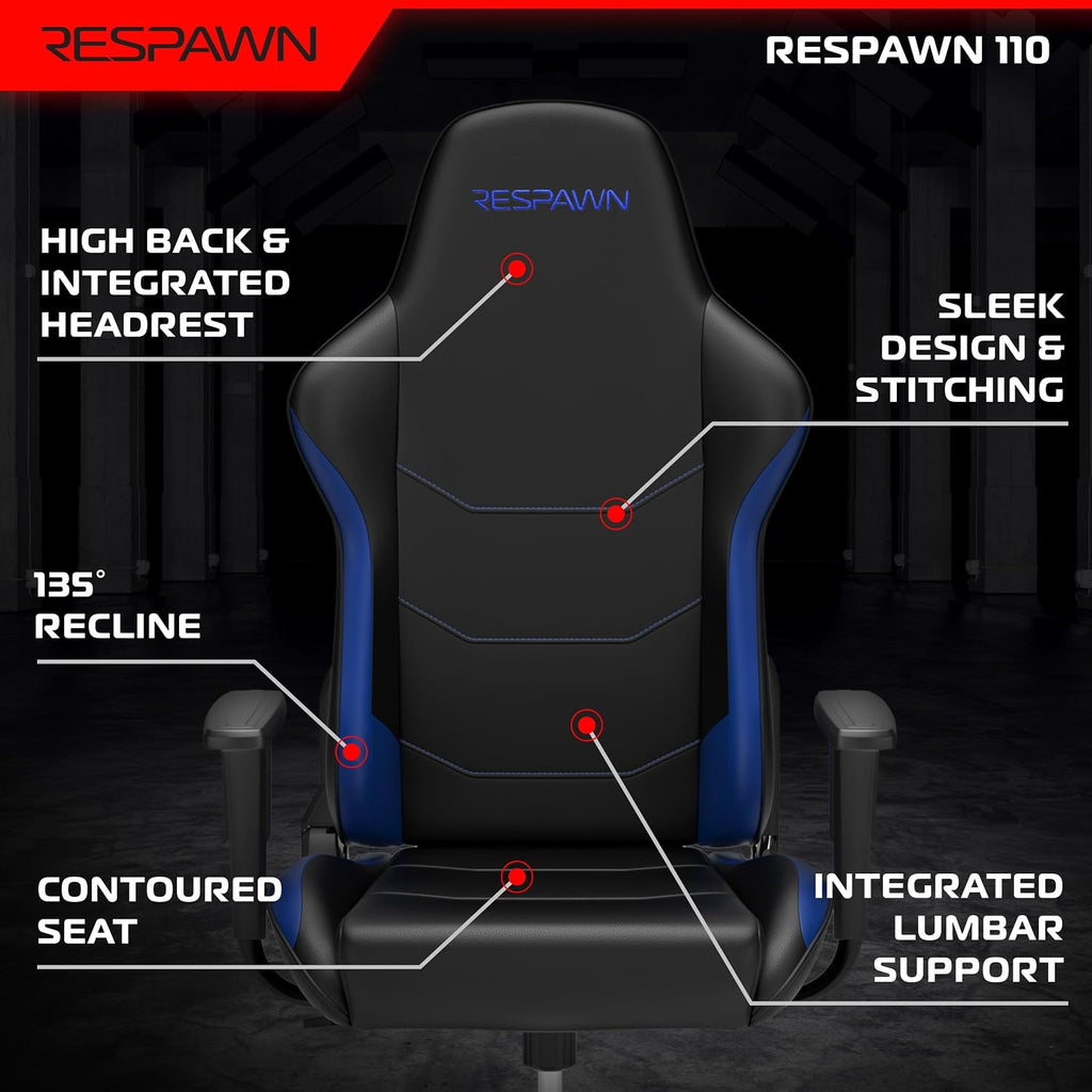 Respawn 110 Ergonomic Gaming Chair - Reclining Office Video Game Swivel Chair with Lumbar Support, Headrest, Heavy Duty, High Back, Racing Style Gaming Recliner Seat for Computer Gamer - Blue