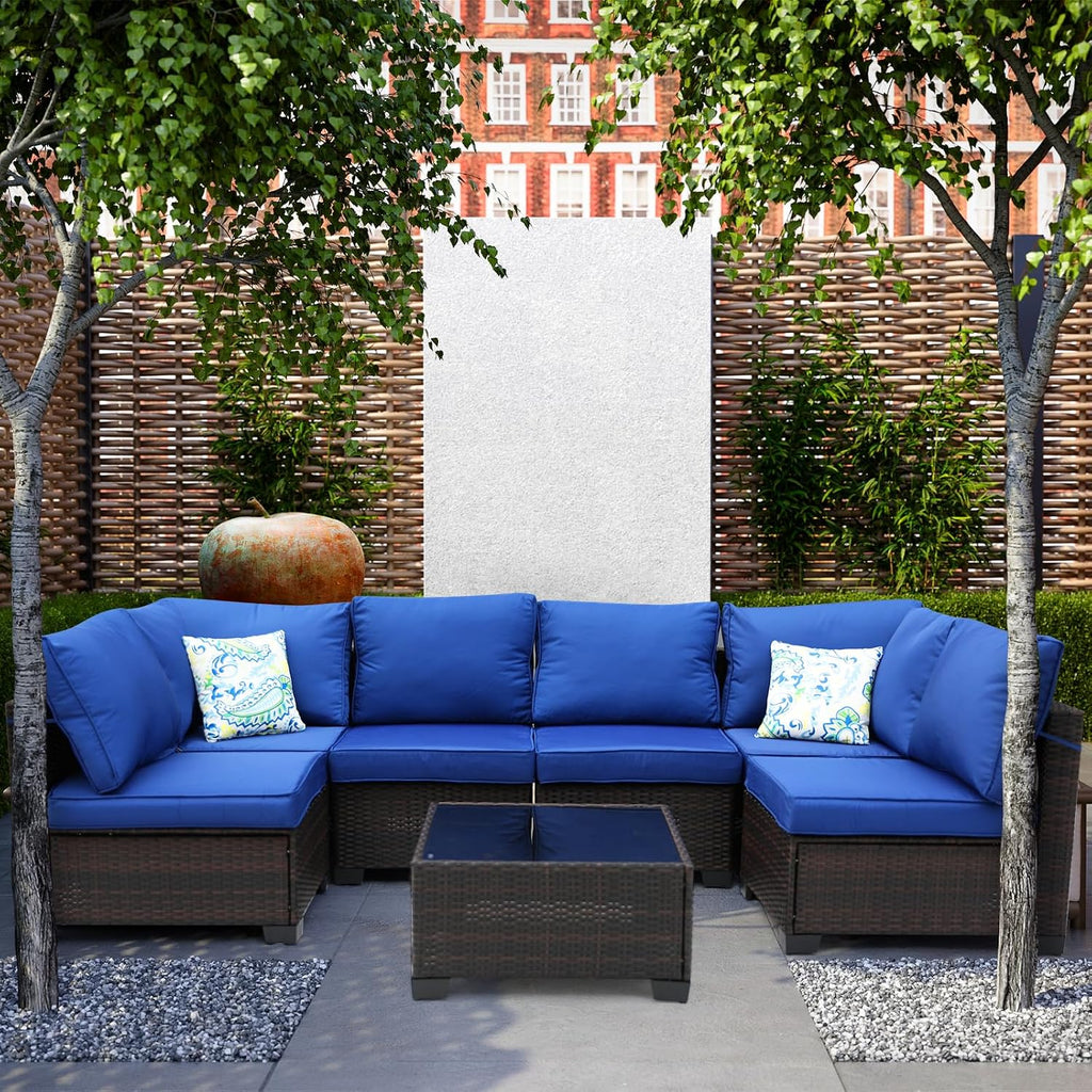 7 Pieces Patio Furniture Set (Brown/Blue), All-Weather Outdoor Sectional Sofa with Anti-Slip Cushions & 2 Pillows, Conversation Set Perfect for Garden, Lawn, Deck