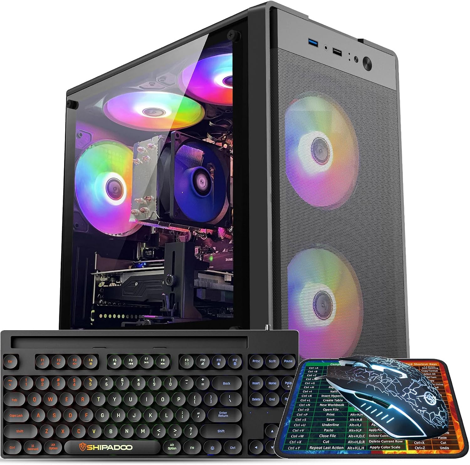 Gaming PC Computer Desktop, Ryzen 5 6-core up to 4.2GHz, Radeon RX 590 8G, 16G DDR4, 512GB SSD, WiFi 6, RGB Fan x5, Tower Computers Windows 11 Home