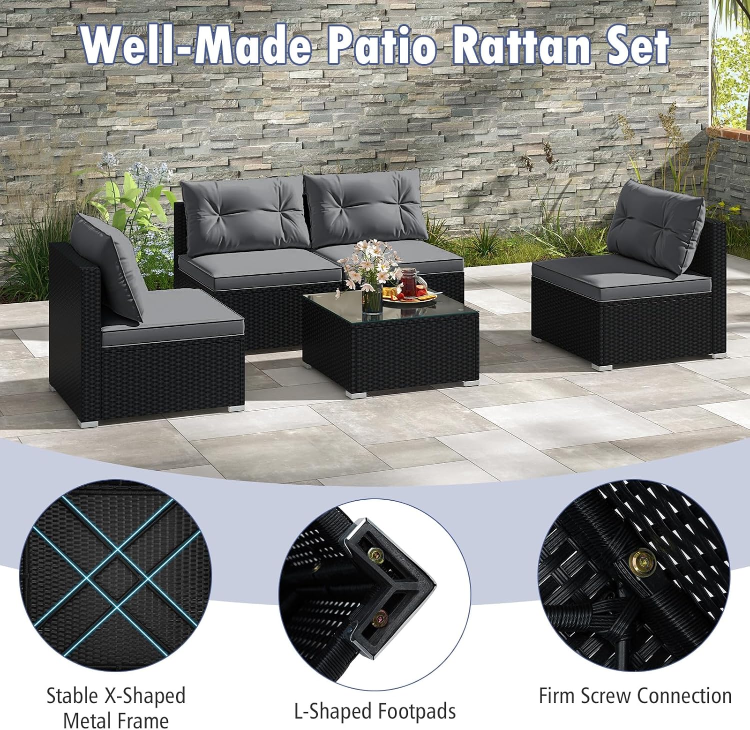 Tangkula 5 Piece Rattan Sofa Set, Outdoor Wicker Furniture Set w/Seat & Back Cushions, Square Coffee Table, Patio Sectional Sofa Set for Backyard, Poolside, Garden (Grey)