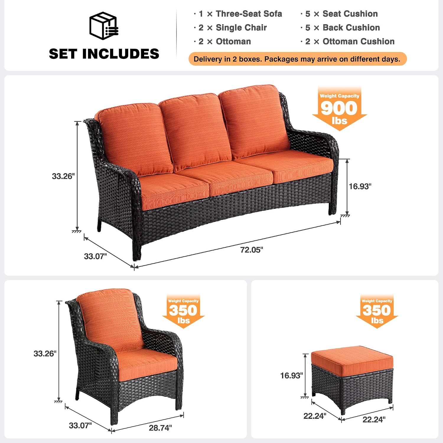 ovios 5-Pieces Patio Furniture Set, Outdoor Wicker Sofa Couch with Chairs Ottomans Comfy Cushions, High Back Modern All Weather Conversation Set, Brown Rattan, Orange Red