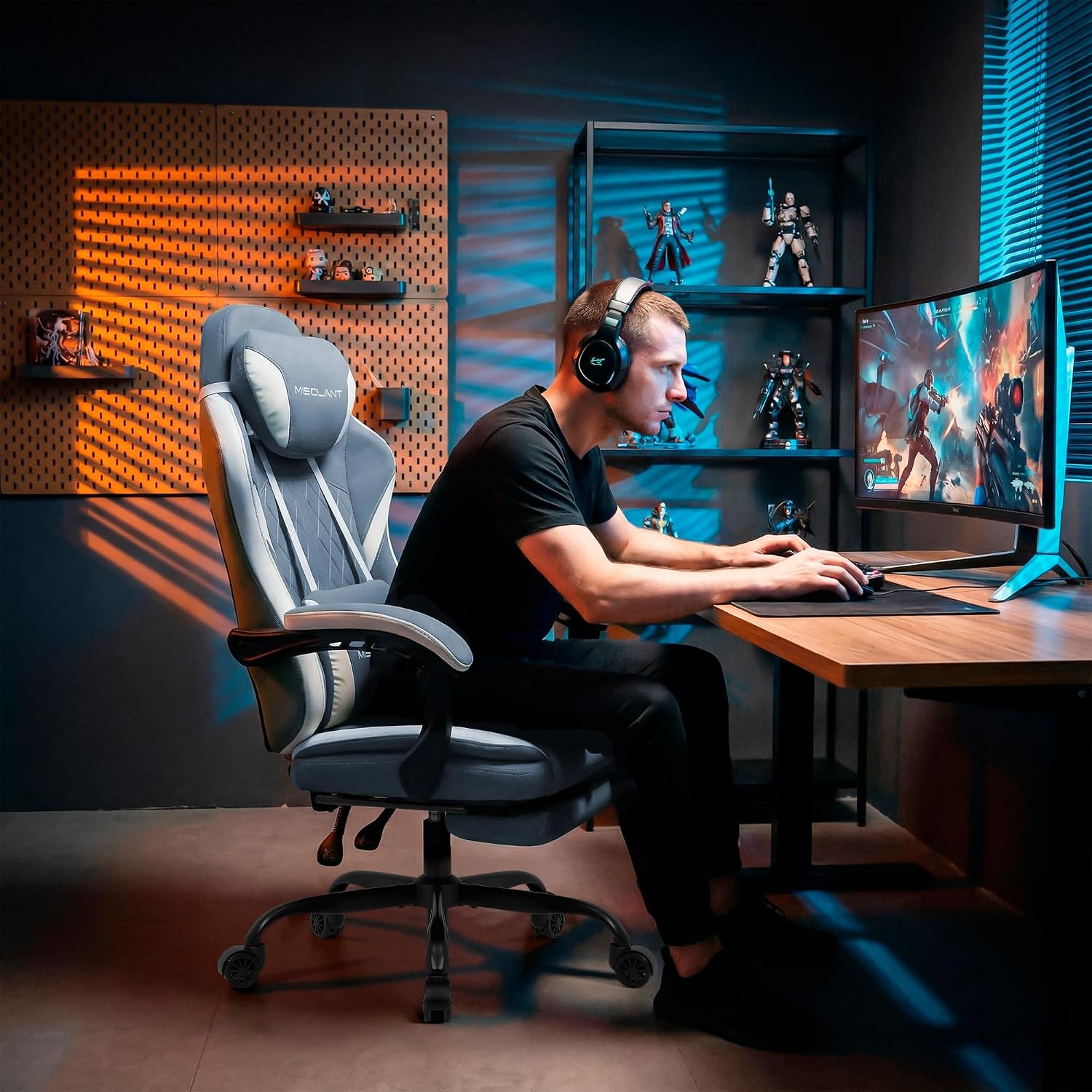 Misolant Gaming Chair, Fabric Gamer Chair with footrest for Adults, High Back Ergonomic Computer Game Chair with Adjustable Headrest and Massage Lumbar Support, 90-155° Recline Free, Blue