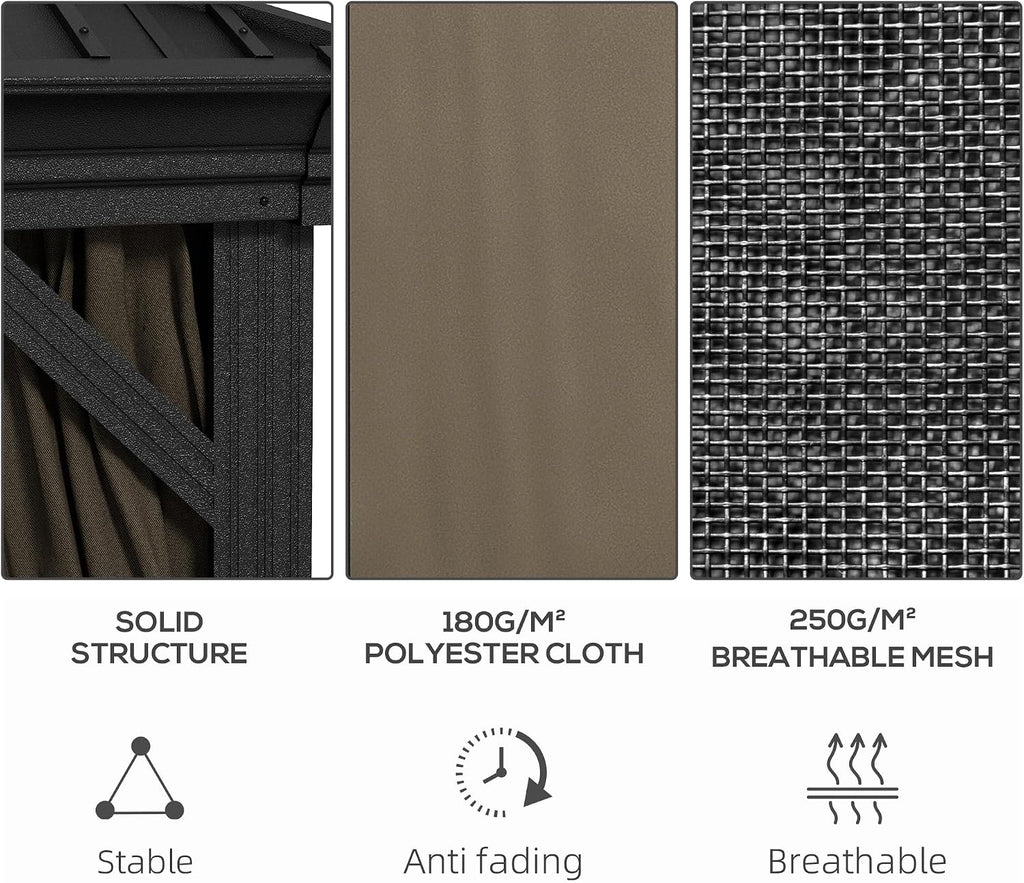 Outsunny 10' x 10' Hardtop Gazebo with Curtains and Netting, Permanent Pavilion Metal Double Roof Gazebo Canopy with Aluminum Frame and Hooks, for Garden, Patio, Backyard, Dark Brown