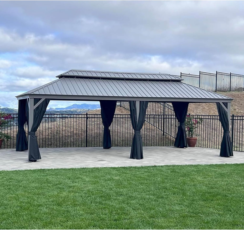 PURPLE LEAF 12' x 24' Patio Hardtop Gazebo Metal Roof Heavy Duty Wind Resistance Outdoor Permanent Large Pavilion Gazebo for Patio Deck and Garden, Netting and Curtains Included, Light Grey