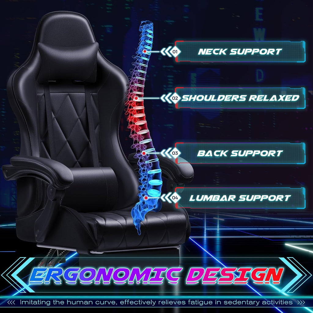 Shahoo Gaming Chair with Footrest and Massage Lumbar Support, Computer Game Chairs Ergonomic Office Seat Height Adjustable with Headrest, Black