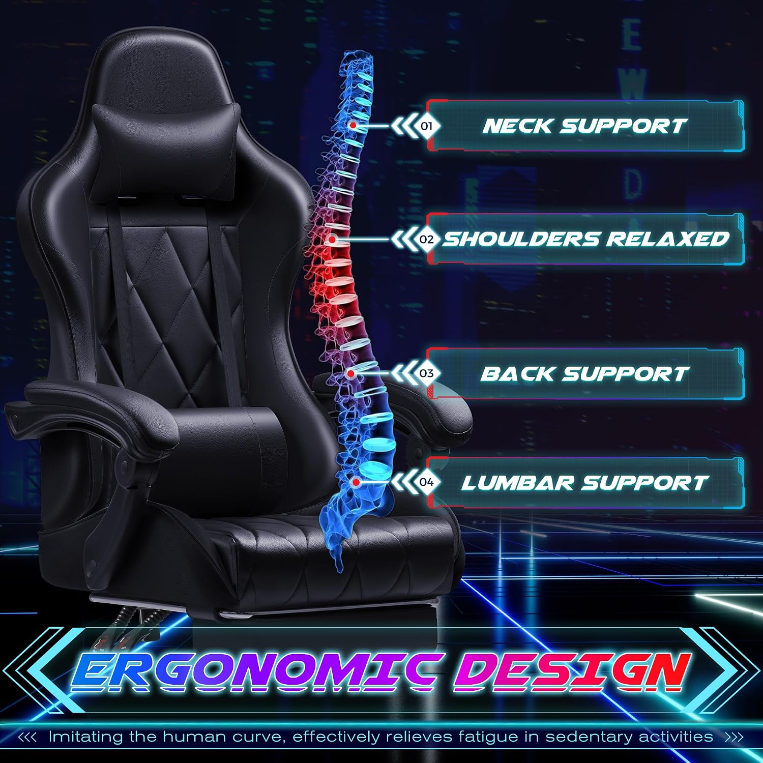 Shahoo Gaming Chair with Footrest and Massage Lumbar Support, Computer Game Chairs Ergonomic Office Seat Height Adjustable with Headrest, Black