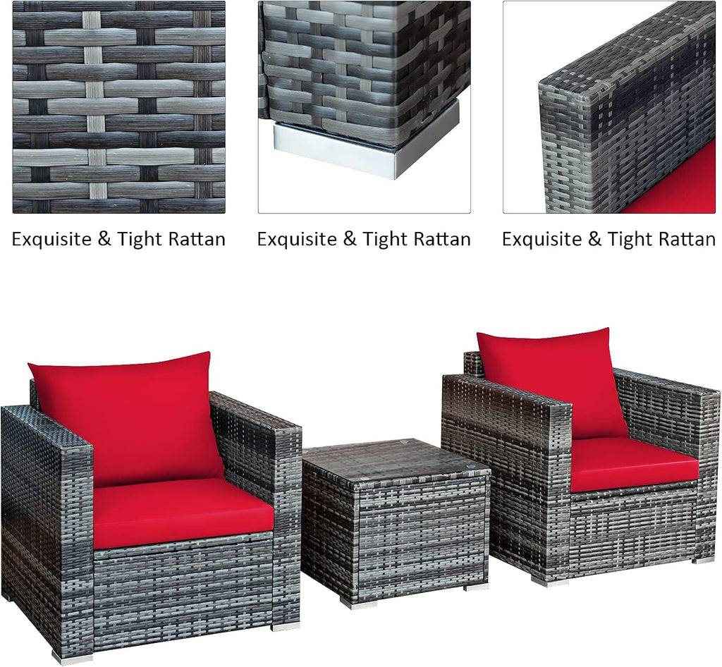 Tangkula 3 Pieces Patio Furniture Set, PE Rattan Wicker Sofa Set w/Washable Cushion and Tempered Glass Tabletop, Outdoor Conversation Furniture for Garden Poolside Backyard