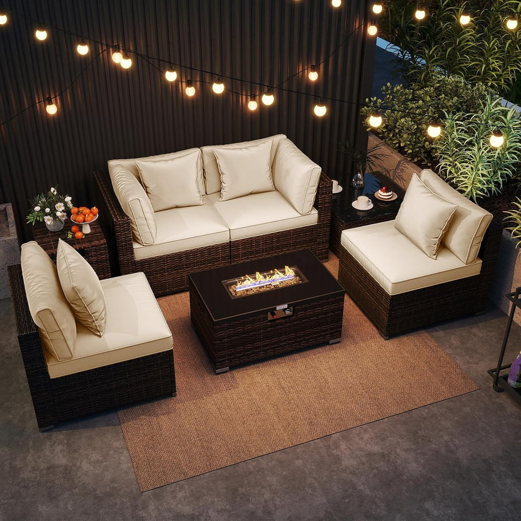 Tangkula 7 Pieces Wicker Patio Furniture Set with 40,000 BTU Gas Fire Pit Table & Propane Tank Cover Table & Glass Top Coffee Table, for Garden, Backyard and Poolside (Off White)