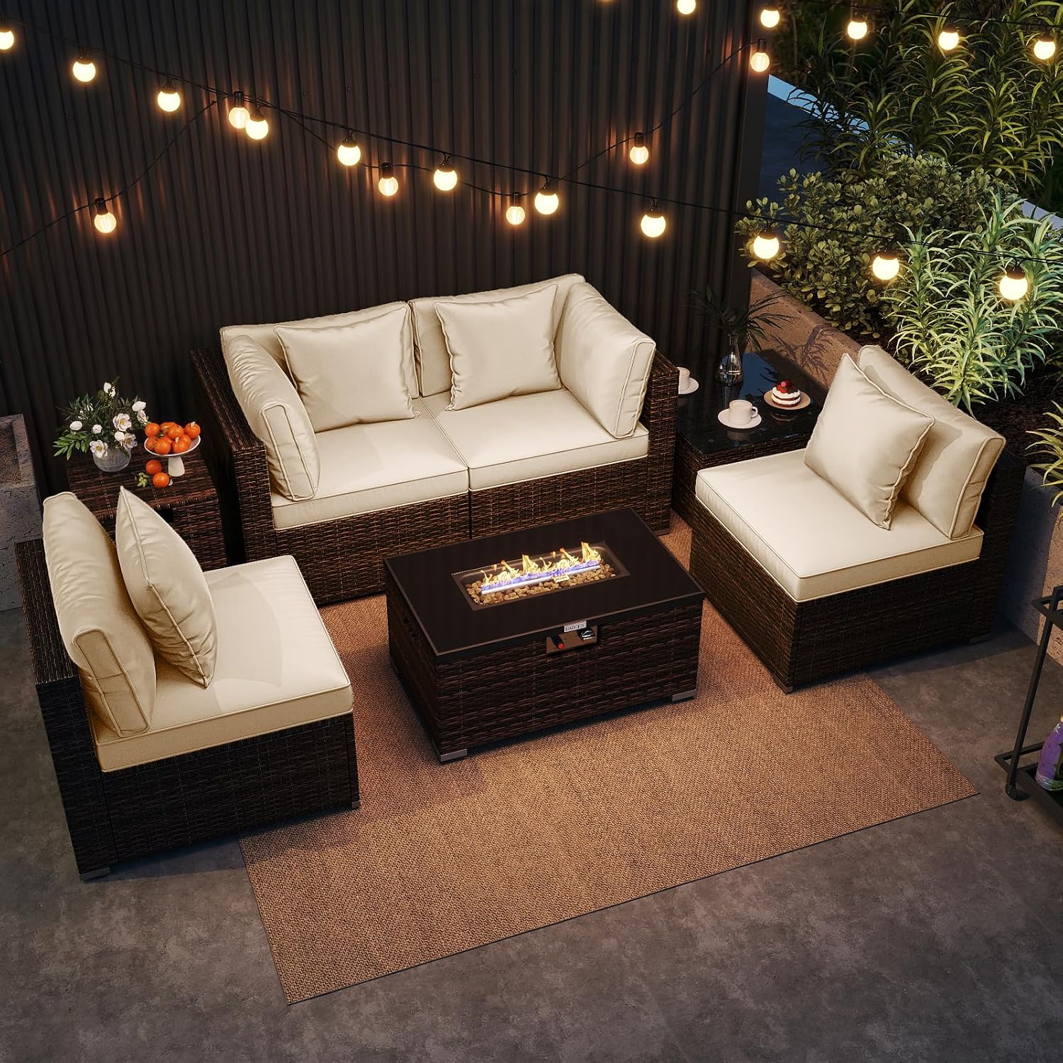 Tangkula 7 Pieces Wicker Patio Furniture Set with 40,000 BTU Gas Fire Pit Table & Propane Tank Cover Table & Glass Top Coffee Table, for Garden, Backyard and Poolside (Off White)
