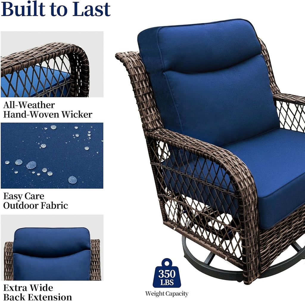 PIZZELLO Outdoor Swivel Chairs 6 Piece Wicker Rocking Chairs Set Patio Furniture Set with Rattan Side Table Rocker Bistro Sets for Outside Porch Backyard (5' Thick Cushions and 25' Full Support Back)