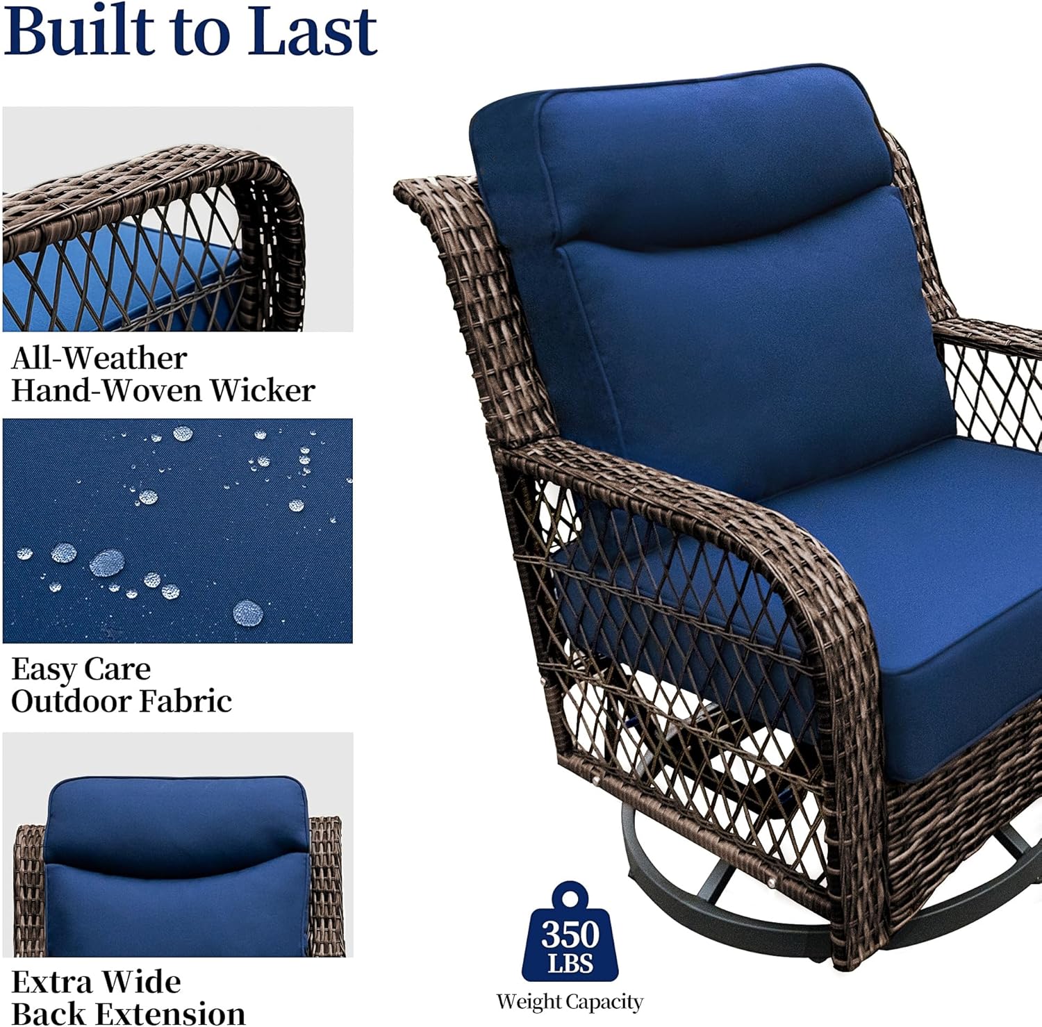 PIZZELLO Outdoor Swivel Chairs 6 Piece Wicker Rocking Chairs Set Patio Furniture Set with Rattan Side Table Rocker Bistro Sets for Outside Porch Backyard (5' Thick Cushions and 25' Full Support Back)