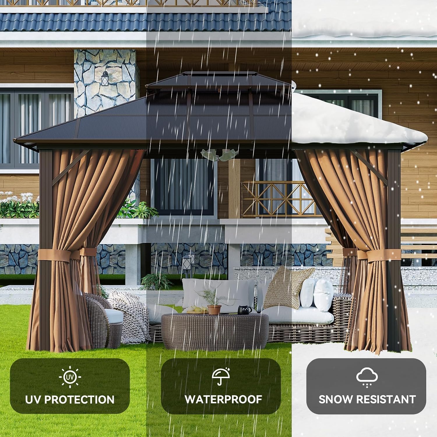 Aoxun 10'x12' Hardtop Gazebo, Aluminum Frame Permanent Pavilion with Netting and Curtains, Outdoor Polycarbonate Double Roof Canopy with Ceiling Fan, Designed for Lawn, Garden, Patio, Brown